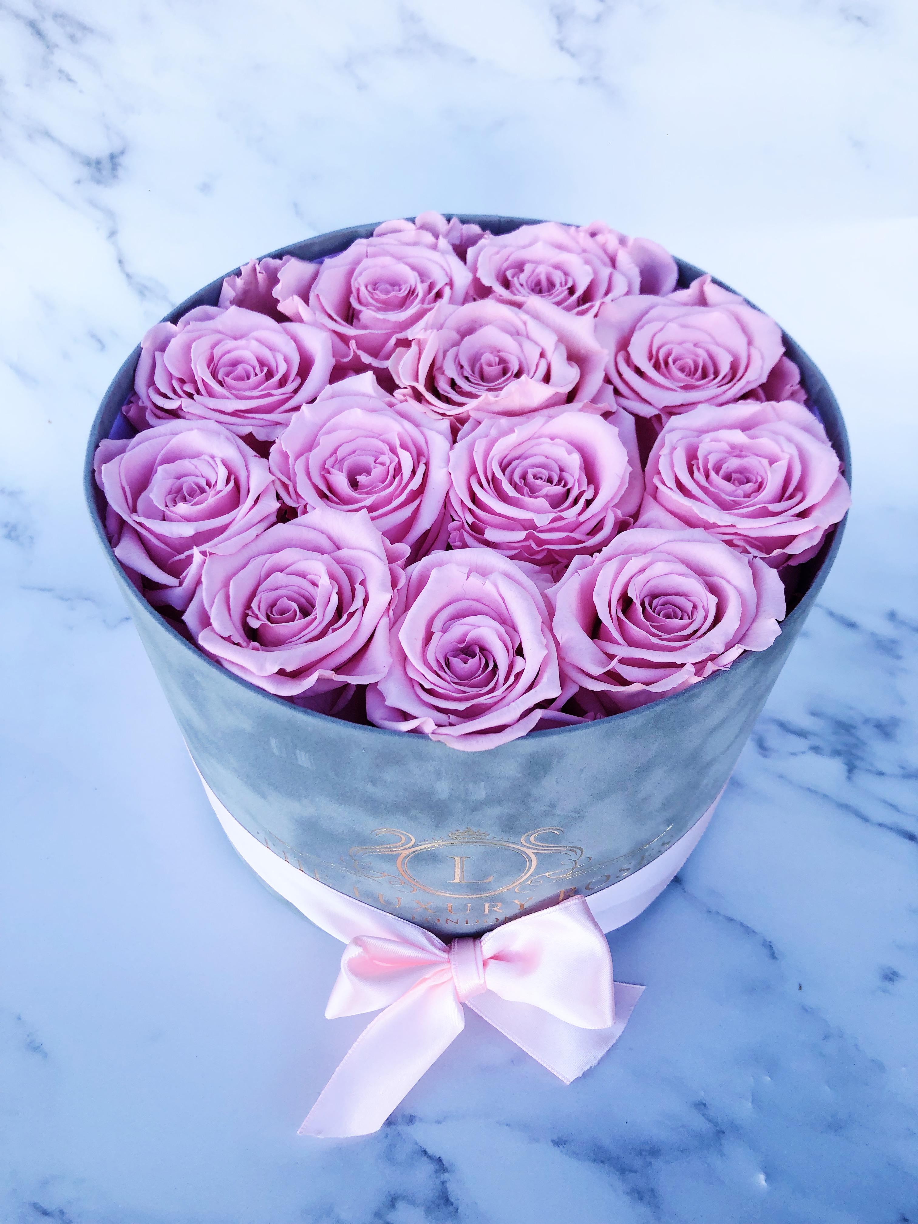 Grey velvet box of infinity roses that last a year Preserved Rose